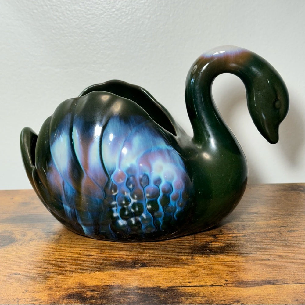 Vintage Pottery Swan Planter Vase Green Multi Colour Drip Glaze Canada 5.5”x8”